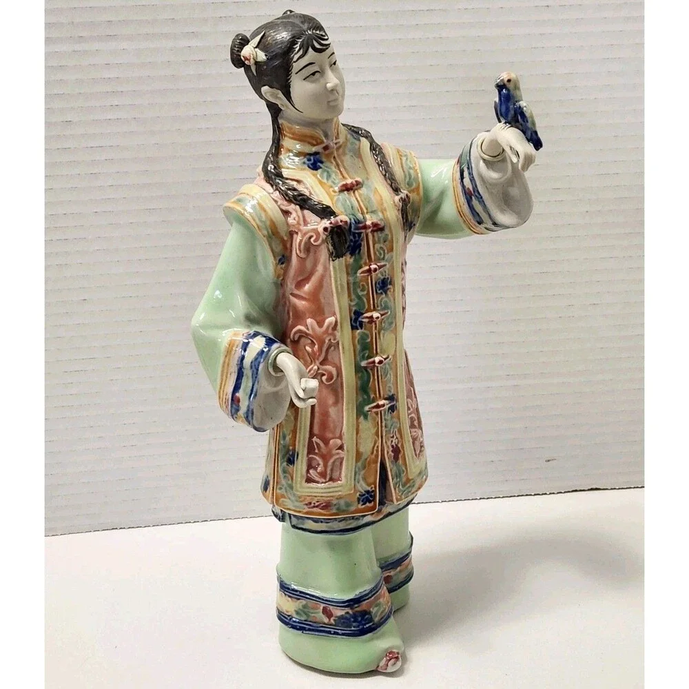 Vintage Chinese Shiwan Porcelain Lady Statue Songbird & Feeding Bowl Figurine